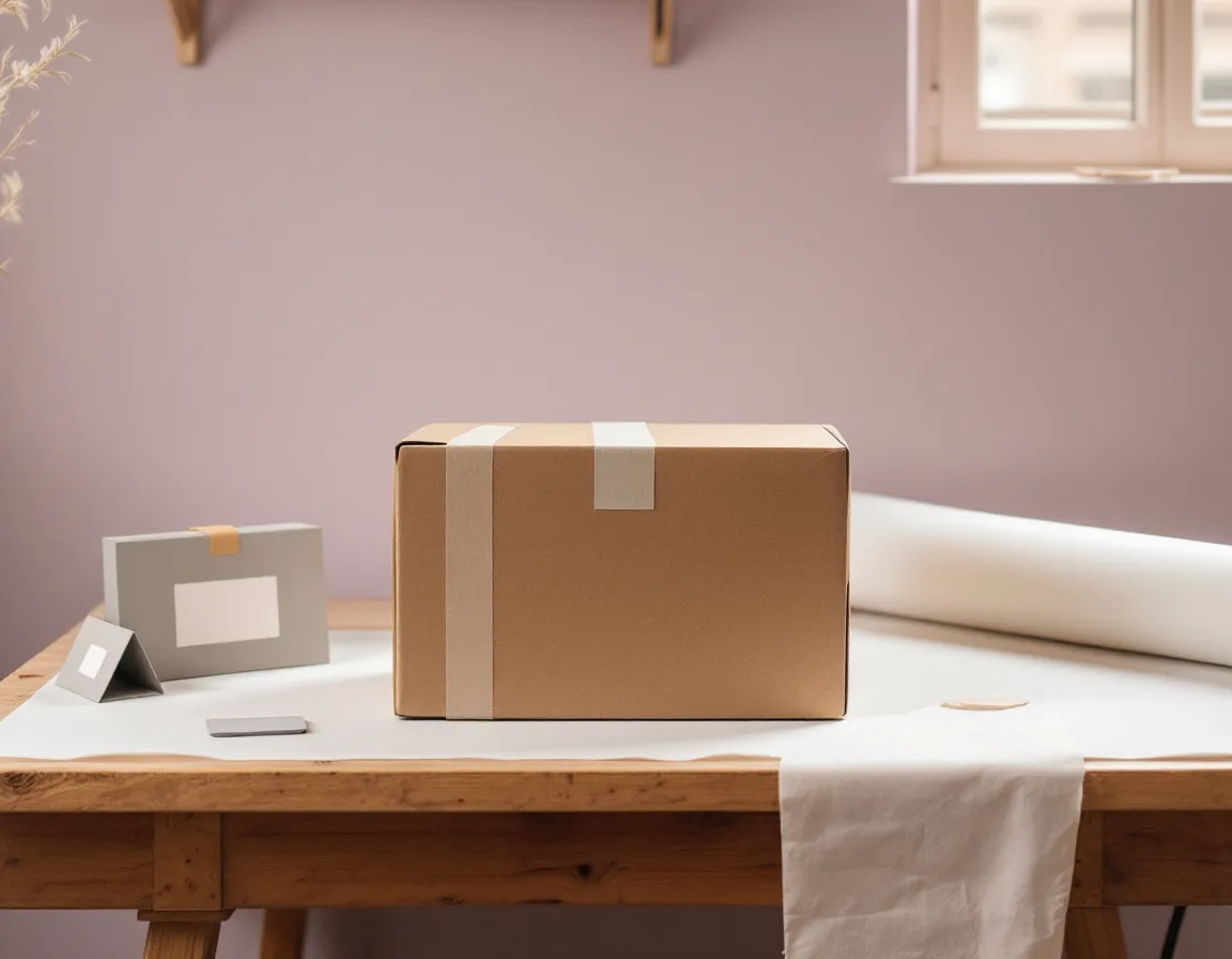 A taped sample box beside a roll of white seamless paper on the Lumeva workbench