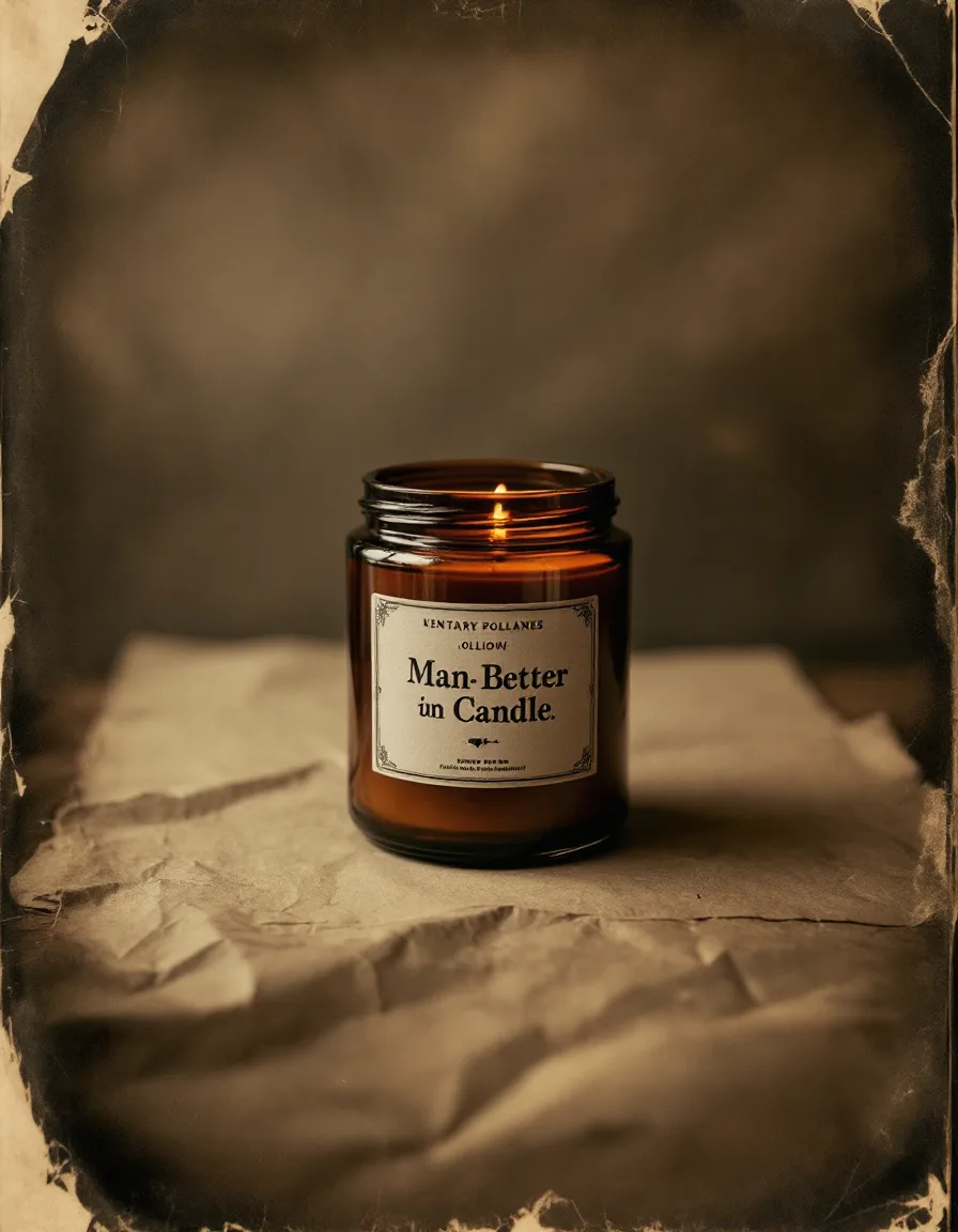 Amber candle jar on a seamless white sweep, tintype style
