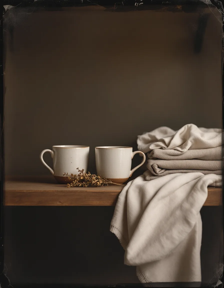 Stoneware mugs styled on a shelf, tintype style