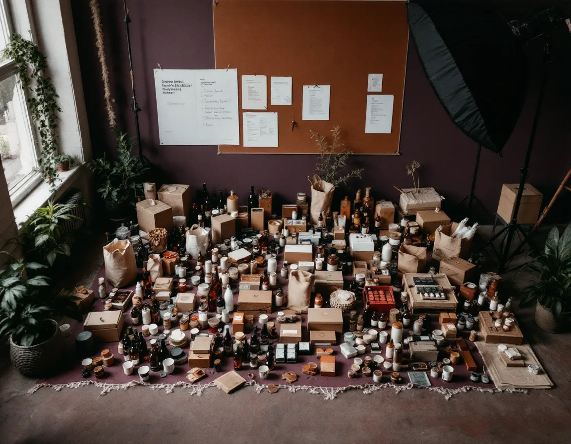 A studio floor laid out with a full product launch and a pinned shot list